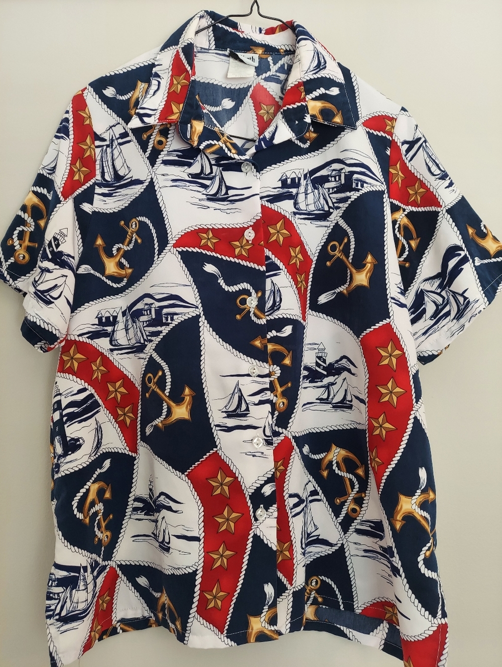 BonWorth Nautical Button Down Shirt - Blouce Navy, Red, White & Gold Sz M Petite